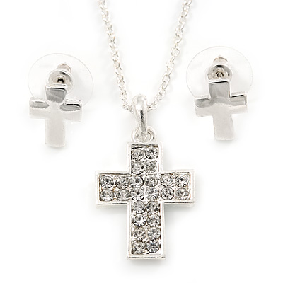 Clear Austrian Crystal Cross Pendant With Silver Tone Chain and Stud Earrings Set - 46cm L/ 5cm Ext - Gift Boxed - main view