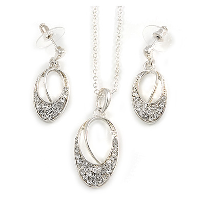 Clear Crystal Open Oval Cut Pendant Silver Tone Chain and Drop Earrings Set - 45cm L/ 5cm Ext - Gift Boxed - main view