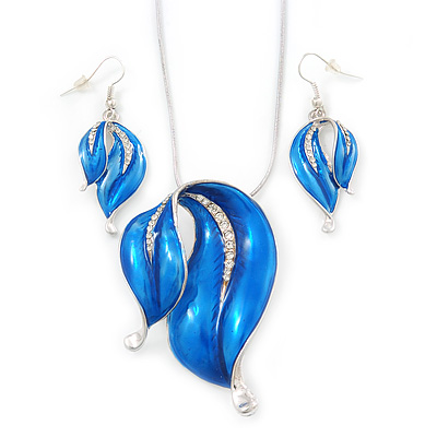 Blue Enamel Diamante 'Leaf' Necklace & Drop Earrings Set In Rhodium Plated Metal - 40cm Length/ 6 extension - main view