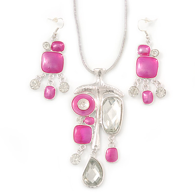 Pink Enamel Geometric Pendant Necklace & Drop Earrings Set In Rhodium Plated Metal - 40cm Length/ 8cm extender - main view