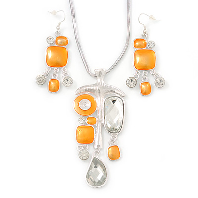 Bright Orange Enamel Geometric Pendant Necklace & Drop Earrings Set In Rhodium Plated Metal - 40cm Length/ 8cm extender - main view