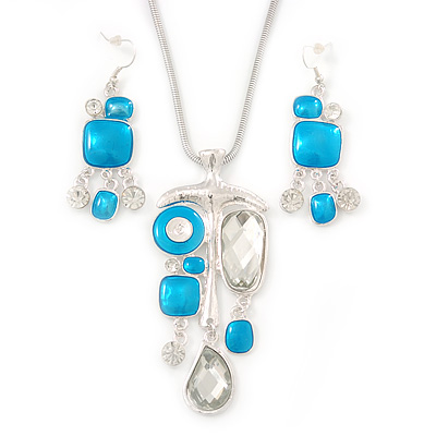Light Blue Enamel Geometric Pendant Necklace & Drop Earrings Set In Rhodium Plated Metal - 40cm Length/ 8cm extender - main view