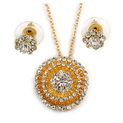 Clear Austrian Crystal Round Pendant With Gold Tone Chain and Floral Stud Earrings Set - 44cm L/ 5cm Ext - Gift Boxed - main view