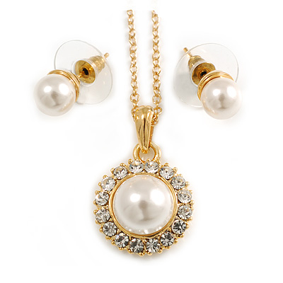 Classic Clear Austrian Crystal Simulated Pearl Pendant With Gold Tone Chain and Stud Earrings Set - 44cm L/ 5cm Ext - Gift Boxed - main view