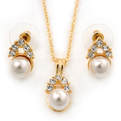 Clear Austrian Crystal Simulated Pearl Pendant With Gold Tone Chain and Stud Earrings Set - 44cm L/ 5cm Ext - Gift Boxed
