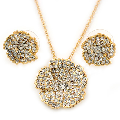 Clear Austrian Crystal Flower Pendant With Gold Tone Chain and Stud Earrings Set - 46cm L/ 5cm Ext - Gift Boxed - main view