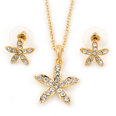 Clear Austrian Crystal Daisy Flower Pendant With Gold Tone Chain and Stud Earrings Set - 46cm L/ 6cm Ext - Gift Boxed - main view