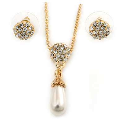 Clear Austrian Crystal Simulated Pearl Pendant with Gold Tone Chain and Stud Earrings Set - 46cm L/ 5cm Ext - Gift Boxed - main view