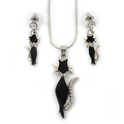 Black Crystal Cat Pendant With Silver Tone Chain & Drop Earrings Set - 40cm Length/ 4cm Extension - main view