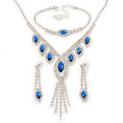 Bridal/ Prom/ Wedding Blue/ Clear Crystal Leaf V-shape Necklace, Bracelet and Drop Earrings Set In Silver Tone - Necklace 34cm L/ 12cm Ext, Bracelet 1 - main view