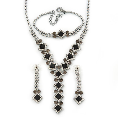 Bridal/ Prom/ Wedding Black/ Grey/ Clear Crystal V-shape Necklace, Bracelet and Drop Earrings Set In Black Tone - Necklace 34cm L/ 12cm Ext, Bracelet