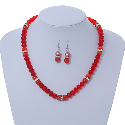 Bright Red Glass Bead Necklace & Drop Earrings Set With Diamante Rings - 44cm Length