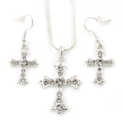 Clear Austrian Crystal Cross Pendant with Silver Tone Snake Chain and Drop Earrings Set - 42cm L/ 5cm Ext - Gift Boxed