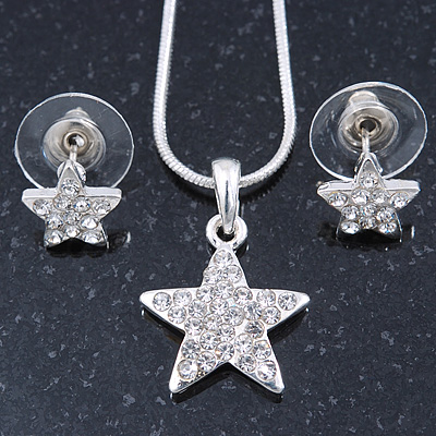 Clear Austrian Crystal Star Pendant With Silver Tone Chain and Stud Earrings Set - 40cm L/ 5cm Ext - Gift Boxed - main view
