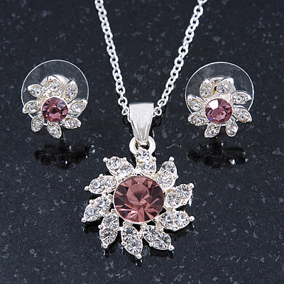 Clear/ Purple Austrian Crystal Flower Pendant With Silver Tone Chain and Stud Earrings Set - 40cm L/ 5cm Ext - Gift Boxed - main view