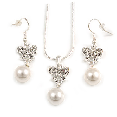 Clear Austrian Crystal Glass Pearl Bow Pendant with Silver Tone Chain and Drop Earrings Set - 40cm L/ 5cm Ext - Gift Boxed - main view