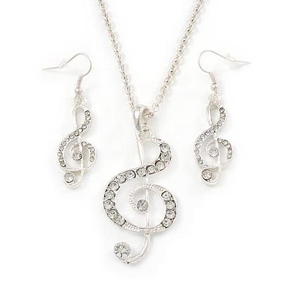 Diamante 'Treble Clef' Pendant With Long Silver Tone Chain & Drop Earrings Set - 72cm Length/ 4cm Extension