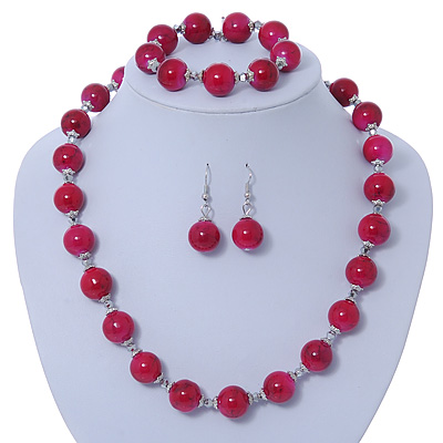 Fuchsia Ceramic Bead Necklace, Flex Bracelet & Drop Earrings In Silver Tone - 42cm L/ 5cm Ext - main view