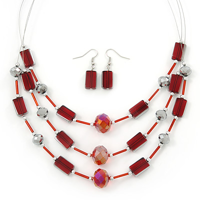 3 Strand Red, Silver Glass Bead Wire Necklace & Drop Earrings Set In Silver Tone - 44cm Length/ 5cm Extension