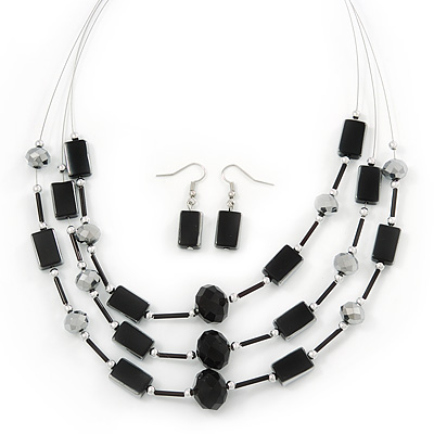 3 Strand Black Glass Bead Wire Necklace & Drop Earrings Set In Silver Tone - 44cm Length/ 5cm Extension - main view