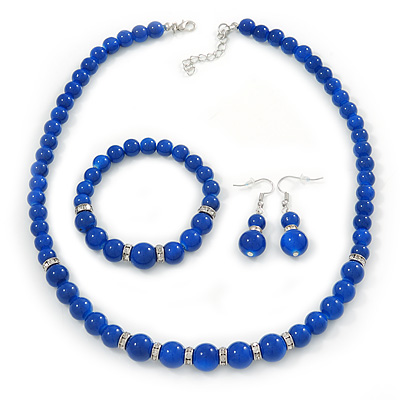 Blue Ceramic Bead Necklace, Flex Bracelet & Drop Earrings With Crystal Ring Set In Silver Tone - 44cm Length/ 6cm Extension