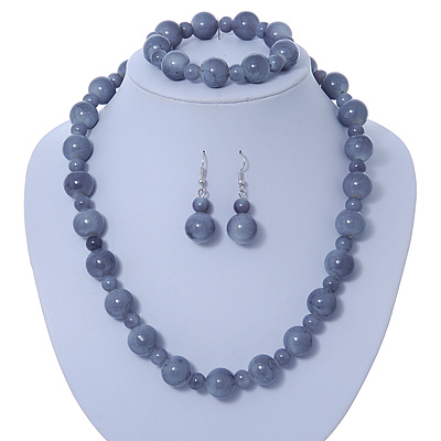 Light Grey Marble Colour Ceramic Bead Necklace, Flex Bracelet & Drop Earrings Set In Silver Tone - 40cm Length/ 5cm Extension