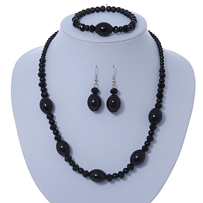 Black Ceramic, Glass Bead Necklace, Flex Bracelet & Drop Earrings Set In Silver Tone - 42cm L/ 4cm Ext - main view