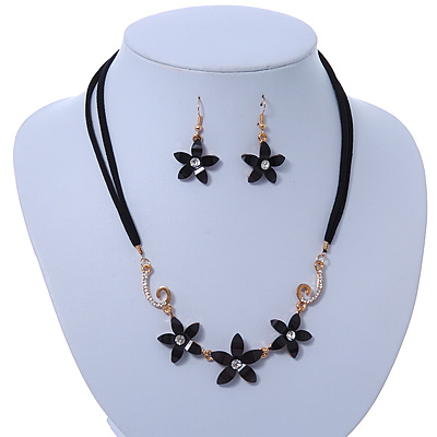 Black, Crystal Floral Necklace On Suede Cords & Drop Earrings Set In Gold Tone - 42cm Length/ 7cm Extender - main view