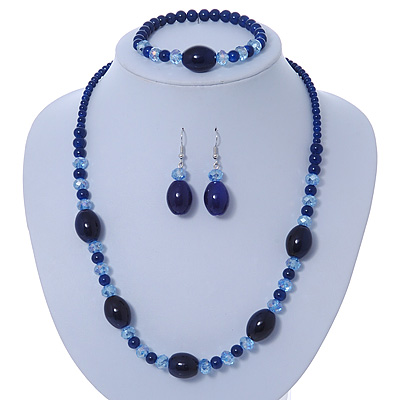 Royal Blue/ Light Blue Ceramic, Glass Bead Necklace, Flex Bracelet & Drop Earrings Set In Silver Tone - 42cm L/ 4cm Ext - main view