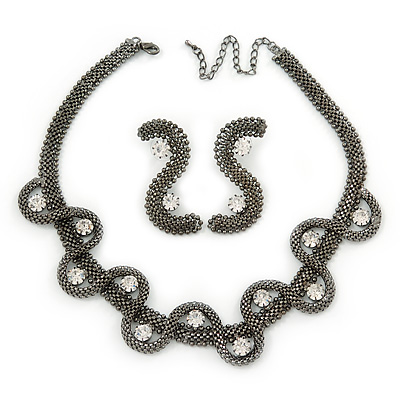 Gun Metal Mesh Crystal Twirl Necklace And Stud Earrings Set - 40cm L/ 11cm Ext - main view