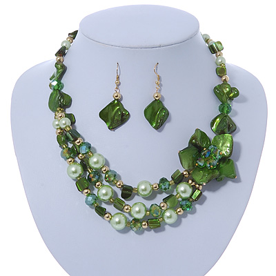 Green/ Olive/ Mint Shell, Glass Bead Floral Necklace & Drop Earrings In Gold Plating - 40cm L/ 7cm Ext - main view
