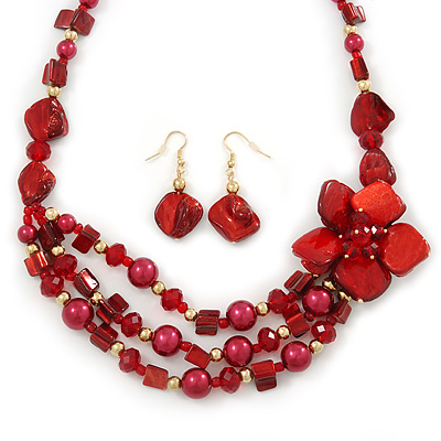 Burgundy Red Shell, Glass Bead Floral Necklace & Drop Earrings In Gold Plating - 40cm L/ 7cm Ext - main view