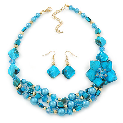 Teal Blue Coloured Shell, Glass Bead Floral Necklace & Drop Earrings In Gold Plating - 40cm L/ 7cm Ext - main view