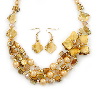 Golden/ Amber/ Yellow Honey Coloured Shell, Glass Bead Floral Necklace & Drop Earrings In Gold Plating - 40cm L/ 7cm Ext - main view