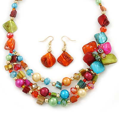 Multicoloured Shell, Glass Bead Floral Necklace & Drop Earrings In Gold Plating - 40cm L/ 7cm Ext - main view