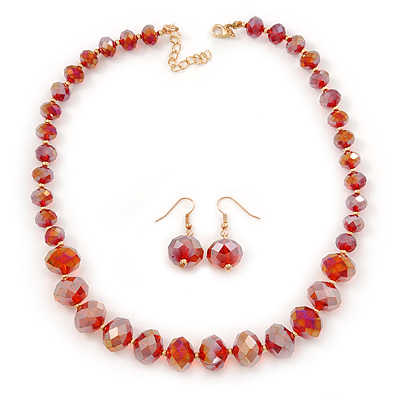 Red Faceted Graduated Beaded Necklace And Drop Earrings Set In Gold Tone - 43cm L/ 4cm Ext - main view