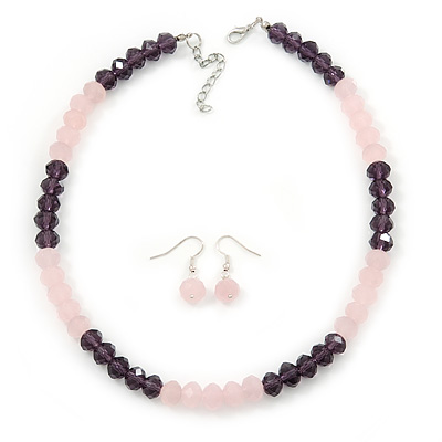 Pink/ Purple Faceted Glass Bead Necklace And Drop Earrings Set In Silver Tone - 42cm L/ 5cm Ext - main view