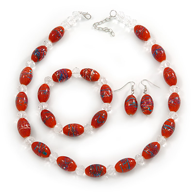 Dark Orange Glass 'Grapes' Beaded Necklace, Flex Bracelet And Drop Earrings Set In Silver Tone - 44cm L/ 5cm Ext