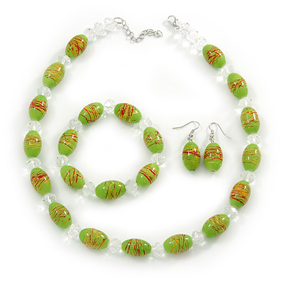 Lime Green Glass 'Grapes' Beaded Necklace, Flex Bracelet And Drop Earrings Set In Silver Tone - 44cm L/ 5cm Ext - main view