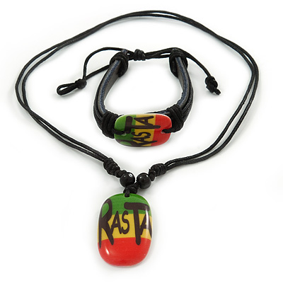 Black One Love Pendant With Waxed Cotton Cord and Leather Bracelet Set - Adjustable - main view