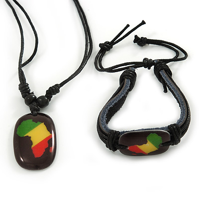 Black Bob Marley 'One Love' Pendant With Waxed Cotton Cord and Bob Marley Leather Bracelet Set - Adjustable - main view