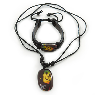 Black Bob Marley 'One Love' Pendant With Waxed Cotton Cord and Bob Marley Leather Bracelet Set - Adjustable - main view