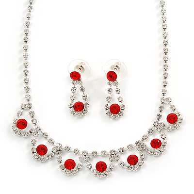 Bright Red Beaded/ Clear Crystal Jewellery Set in Silver Tone 44cm L/ 6cm Ext