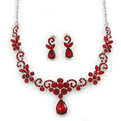 Bridal/ Prom/ Wedding Ruby Red Austrian Crystal Floral Necklace And Earrings Set In Silver Tone - 46cm L/ 5cm Ext - main view