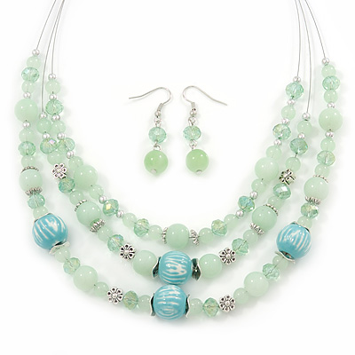 Mint Green Glass & Ceramic Bead Multi Strand Wire Necklace & Drop Earrings Set In Silver Tone - 48cm L/ 4cm Ext
