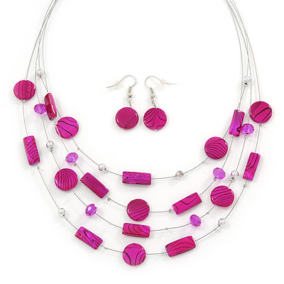 Fuchsia Stripy Shell And Crystal Bead Multi-Strand Necklace And Drop Earrings In Silver Tone - 50cm L/ 4cm Ext - main view