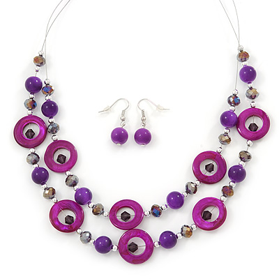 Violet/ Purple Shell & Glass, Crystal Floating Bead Necklace & Drop Earring Set - 46cm L/ 4cm Ext - main view
