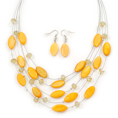 Yellow Shell & Crystal Floating Bead Necklace & Drop Earring Set - 50cm L/ 4cm Ext - main view