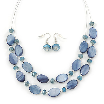 Blue Violet Oval Shell & Round Crystal Floating Bead Necklace & Drop Earring Set - 46cm L/ 4cm Ext - main view