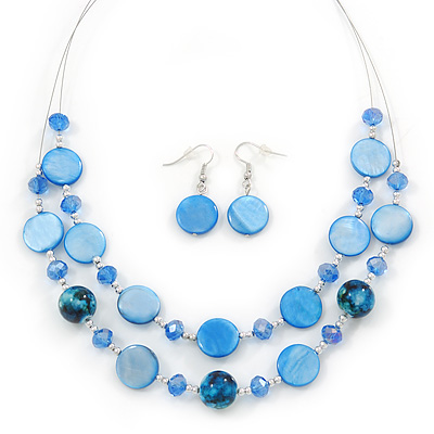 Blue Shell & Crystal Floating Bead Necklace & Drop Earring Set - 46cm Length/ 4cm extension - main view